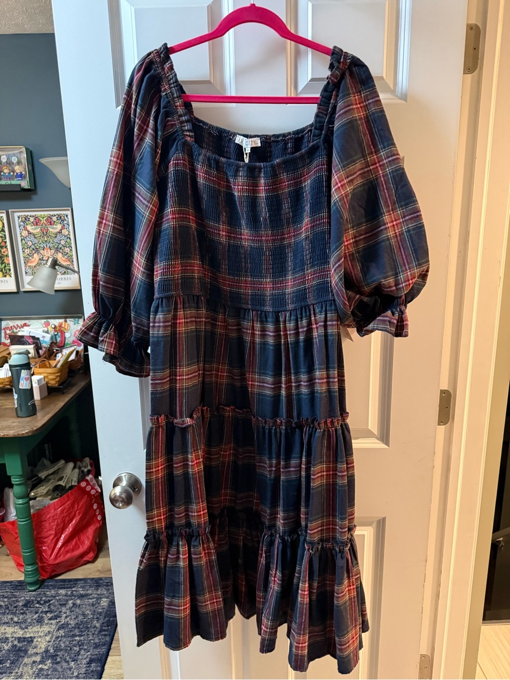 Ivy City Co Navy and Red Plaid Tiered Maxi Dress